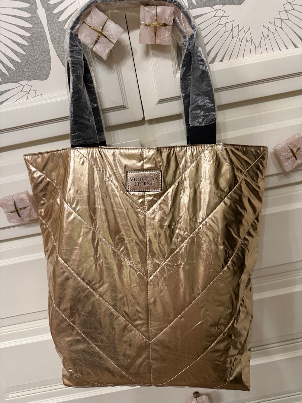 NWT Victoria's Secret Rose Gold Quilted Tote with Black Straps